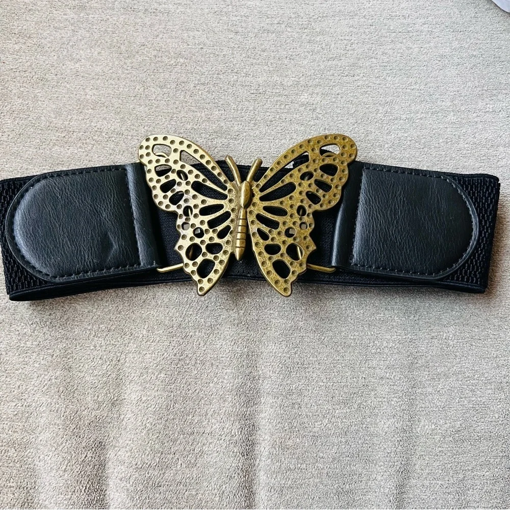 Vintage Black Stretch Belt with Brass Butterfly Buckle – Size L